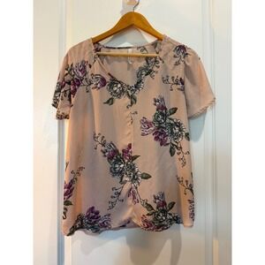 Grayson Threads Womens Medium Floral V-Neck Flutter Sleeve Blouse Pink Purple